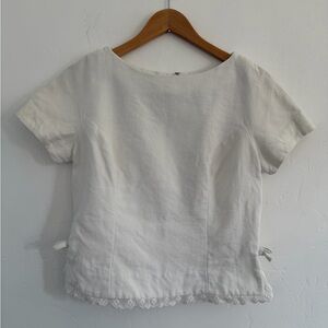 Vintage 50’s White Lace Trimmed Bow Blouse Top Size Small